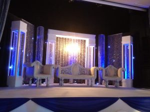 White and blue themed Asian wedding stage | Simplicity events | Asian Weddings