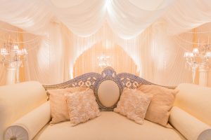 Romantic themed Asian wedding stage with white draping and pearls | Simplicity events | Asian Weddings